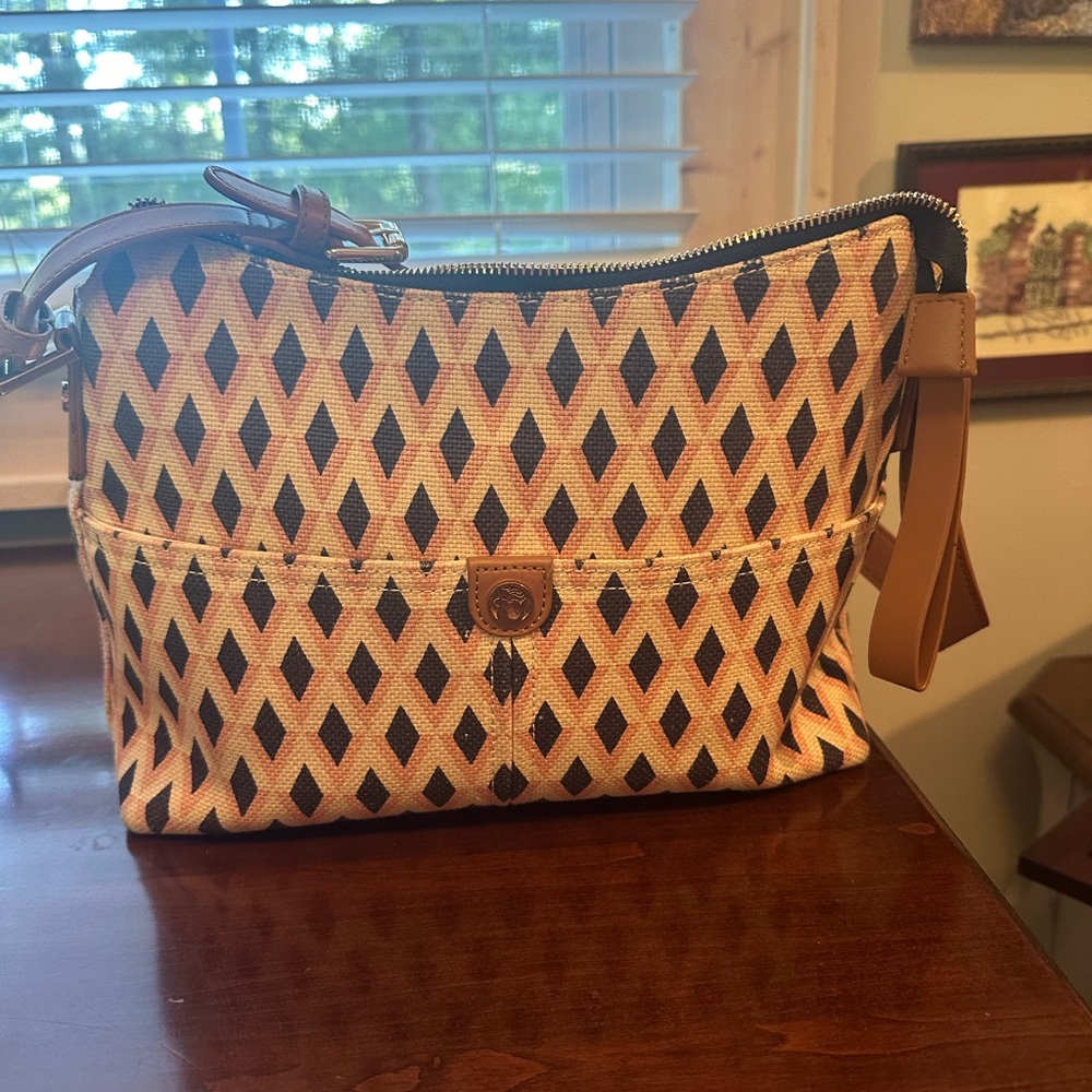 Spartina linen, leather, navy, pink, off-white pattern bag, adjustable strap